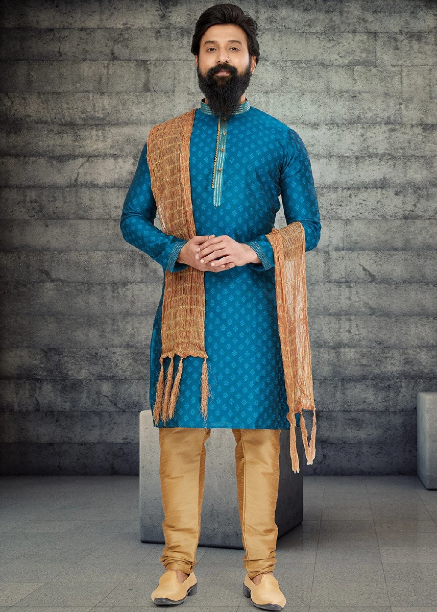 Blue Woven Kurta Pajama In Jacquard, 36-1.webp